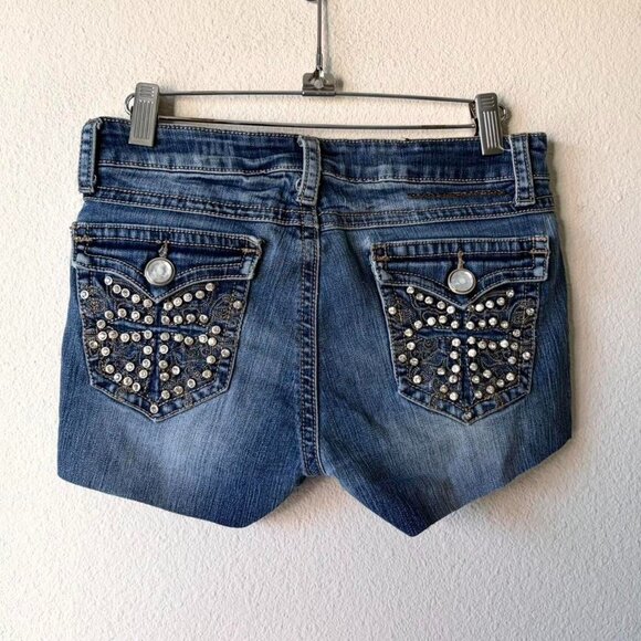 Ultra Low Rise Denim Cut Off Jean Shorts Rhinestone Crosses Women's Small - Picture 1 of 5